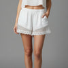 Women Elastic Waistband Lace Trim Streetwear Shorts Summer Solid Color Casual Loose Shorts with 2 Pockets