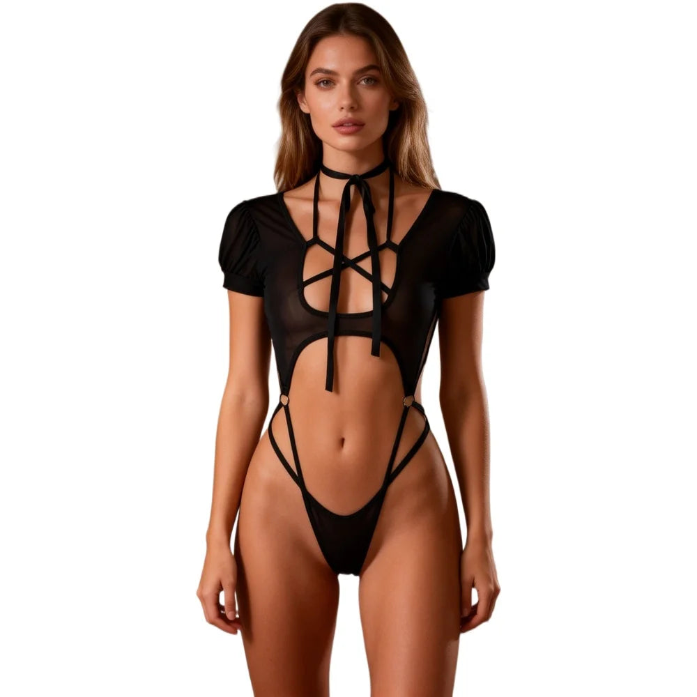 Sexy School Swimsuit Cutout Bodysuit Puff Sleeve Choker One-Piece Bodysuit with Side Strap Hollow Out Nightwear Boudoir Shoot
