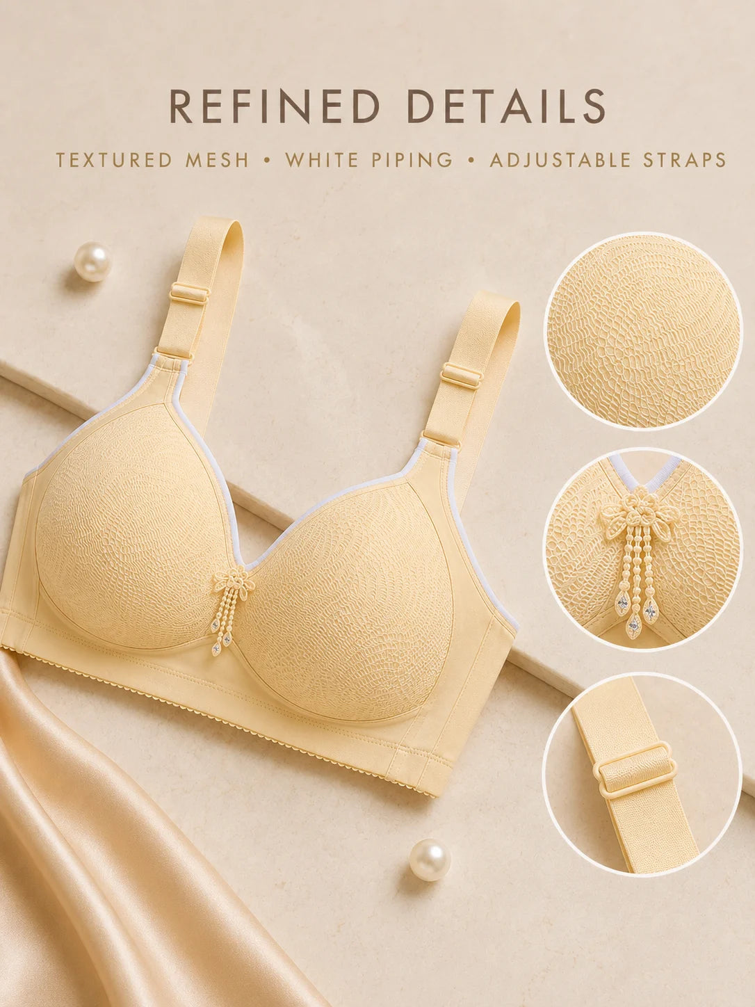 Plus Size Full Coverage Wireless Bra Comfortable Support Fixed Padded Adjustable Wide Strap V-Neck Contrast Trim Pendant