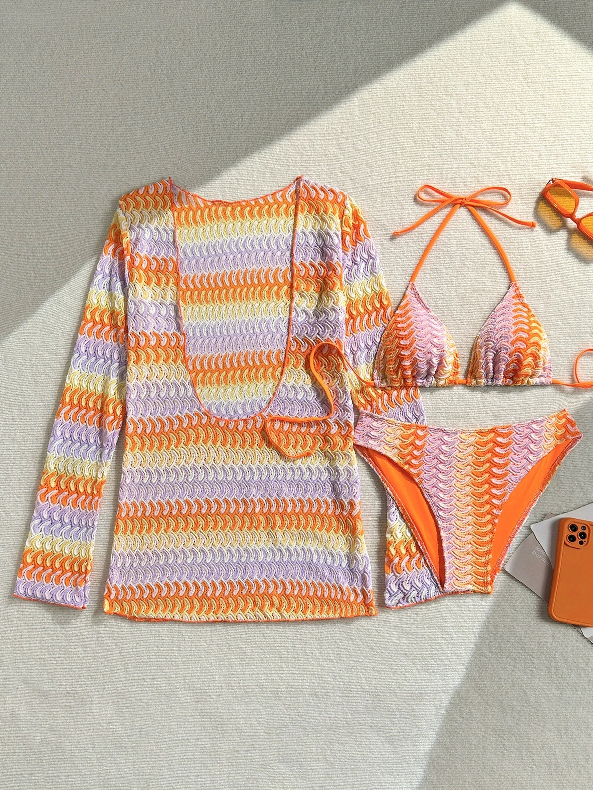 DEKA Women Swimwear With Long Sleeve Cover Up Printed Bikini Female Swimsuit Three-Pieces Bikini Set Bather Bathing Suit Swim