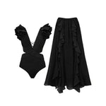 2024 Sexy Sling Ruffle Solid Two Pieces Bikini Women High Waist 3D Flower Swimsuit Skirt Summer Backless Beachwear Bathing Suit