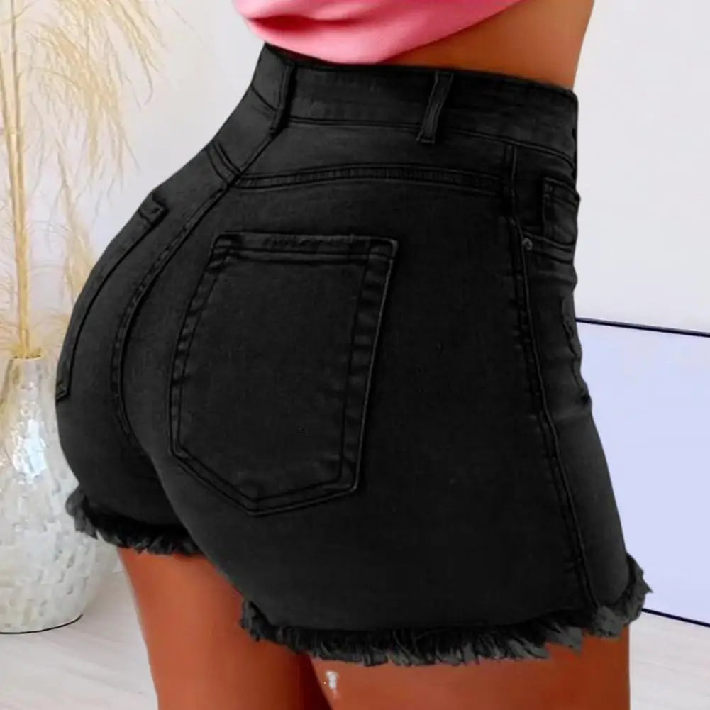 Summer Women Shorts High Waist Washed Retro Distressed Ripped Edge Butt-lifted Slim Fit Pockets Casual Club Party Short Pants