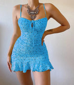 Floral Print Spaghetti Strap Dresses Women Sexy Low Cut Hollow Out Leace-up Package Hip Ruffles Mini Dress Female Vestidos 2024