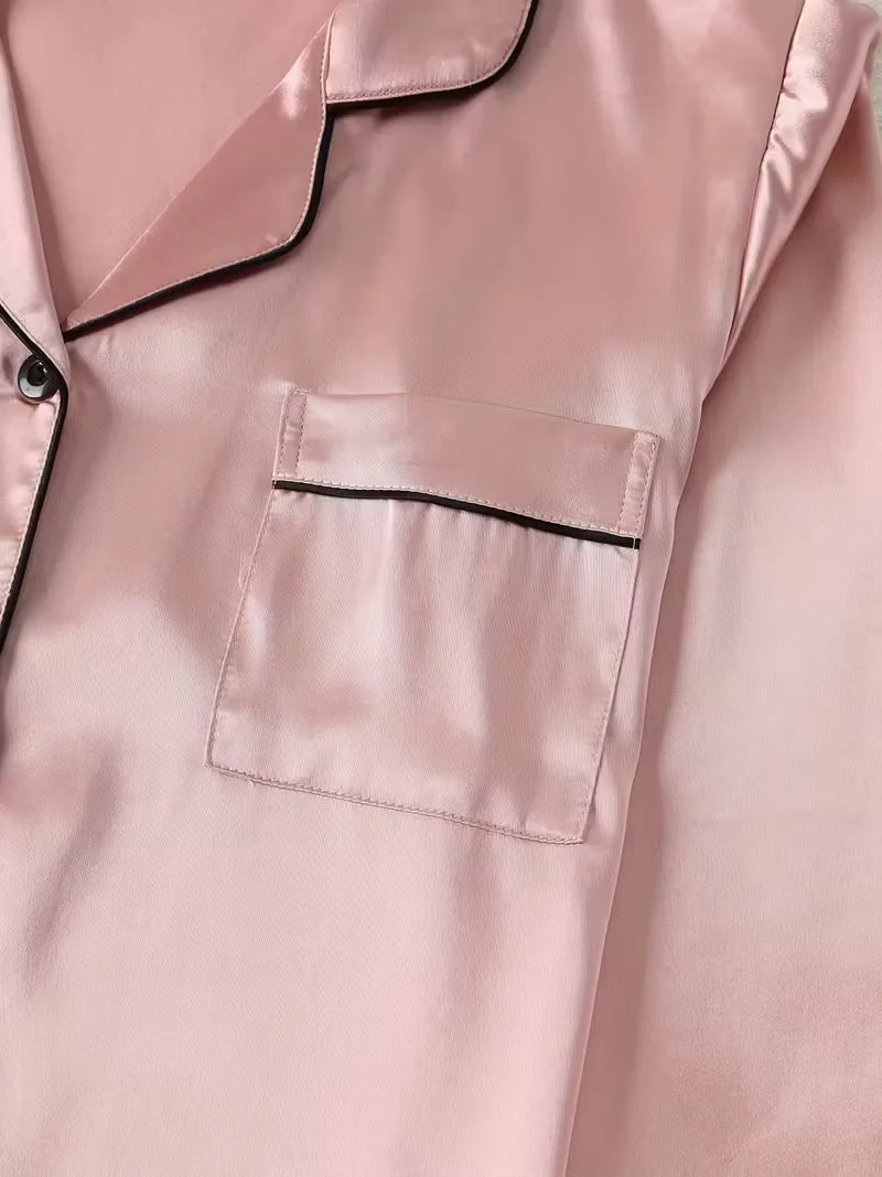 Women Autumn Winter Silk Pajamas Set Casual Soft Breathable and Relaxed Fit Long Shirt Tops and Long Pants Sleepwear