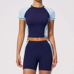 Summer New Yoga Sets Women Breathable Contrasting Color Short Sleeve Slim Sports T Shirts Training Running Shorts Fitness Suit
