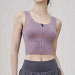 Women Sports Vest Sleeveless Round Neck Zipper Closure Fitness Bra Seamless Fabric Front Zipper Removable Chest Pad Underwear