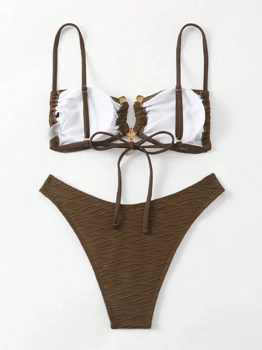 Wrinkled Crinkled Metal Ring Bikini 2025 Women Swimwear Female Swimsuit Two-pieces Bikini Set Bather Bathing Suit Swim Beachwear