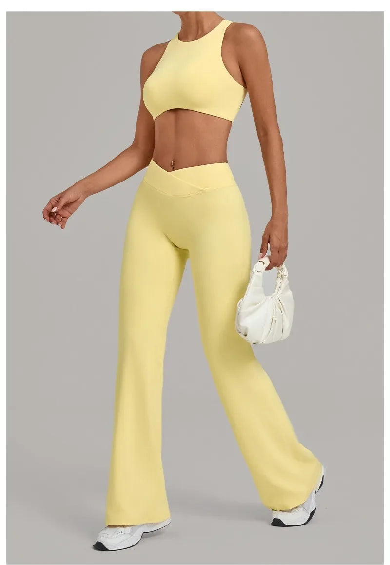 Women's Seamless Yoga Sets Sports Gym Fitness High Waist Hip-lifting Flared-pants Sleeveless Vest Workout Training Running Suits