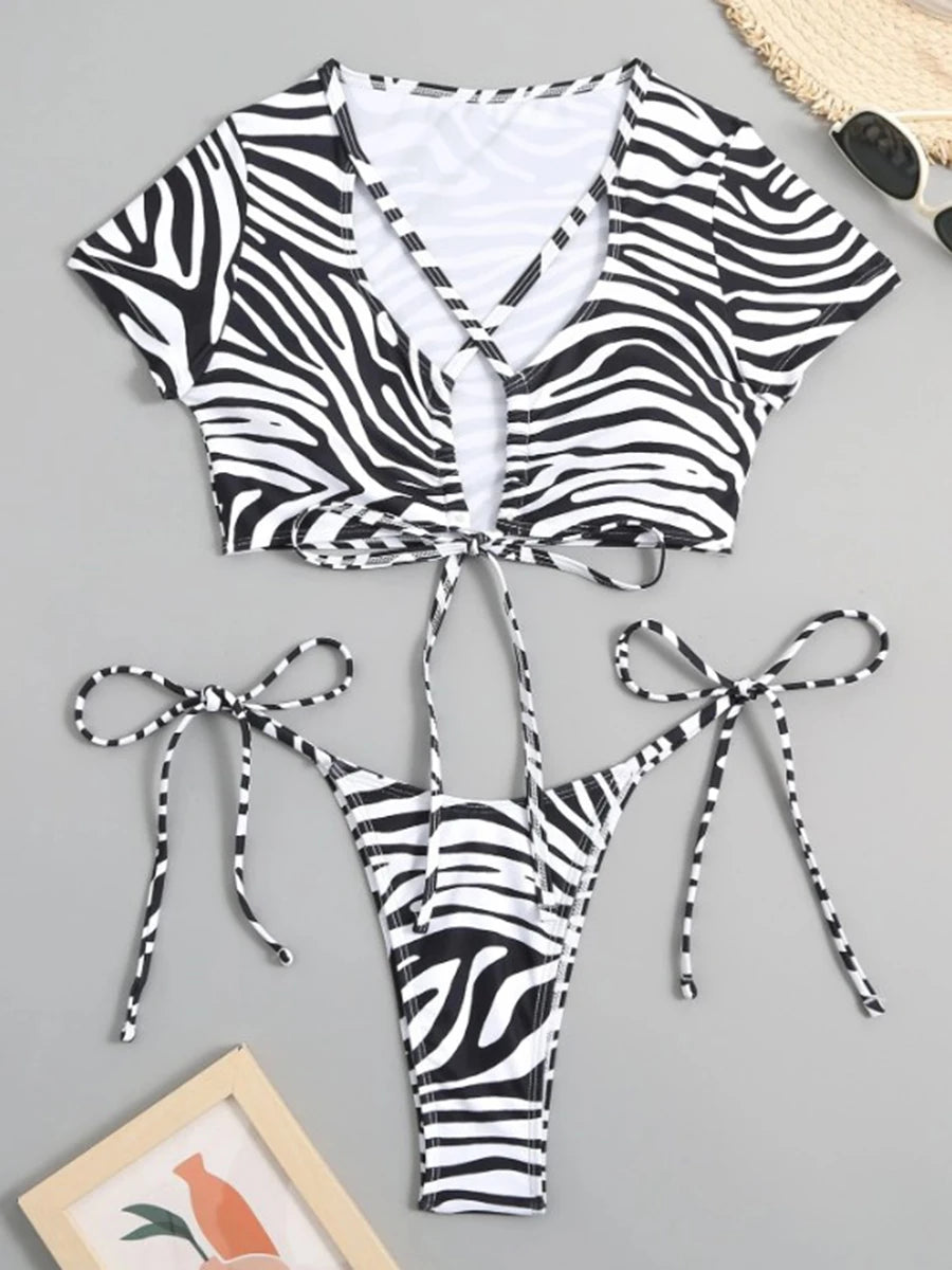 2026 Zebra-stripe Bikinis Women Cross String Swimsuit Swimwear Female Bathers Bathing Swimming Swim Suit Summer Beachwear