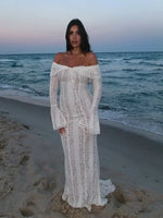 Off Shoulder White Lace Party Dress Flare Sleeve Bowknot Party Maxi Dress Sexy Elegant Summer Bodycon Vestidos Embroidery Robe