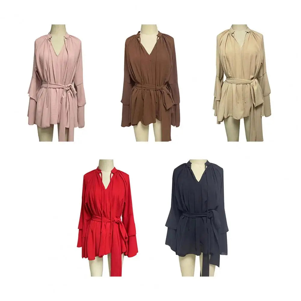 Mini Dress with Belt Summer Ruffle Long Sleeve Dress for Women Casual V Neck A-line Swing Dresses Irregular Vacation Dress