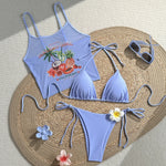Vintage 3D Flower Thong Bikini Set 2026 Women Summer Fruit Print Cover Up 3 Piece Swimwear Push Up Bra Bathing Suit Swimsuit