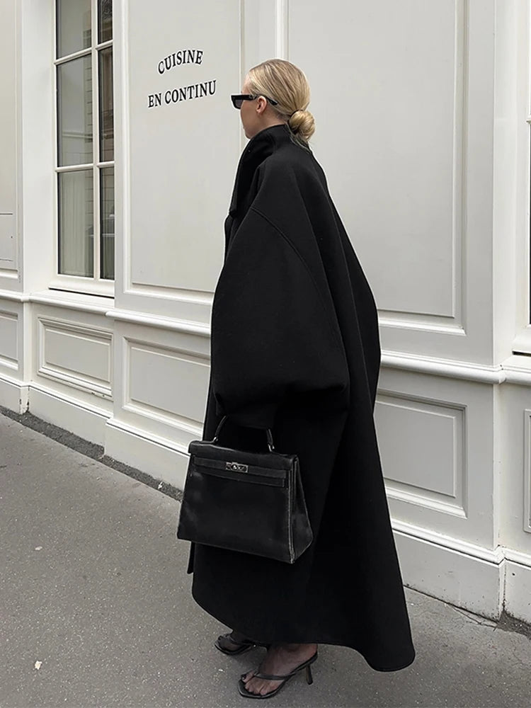 Women's Elegant Faux Suede Long Jacket Stand Collar Bat Sleeve Solid Overcoat Outwears 2025 Autumn Winter Female Streetwears