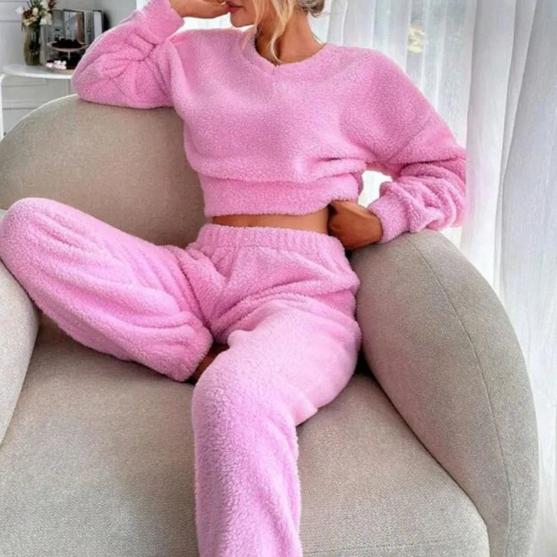 Women Suits Outfit Home Comfort Set for Warm Long Sleeves Elastic Waist Trousers in Autumn and Winter Women Clothing 2 Piece Set
