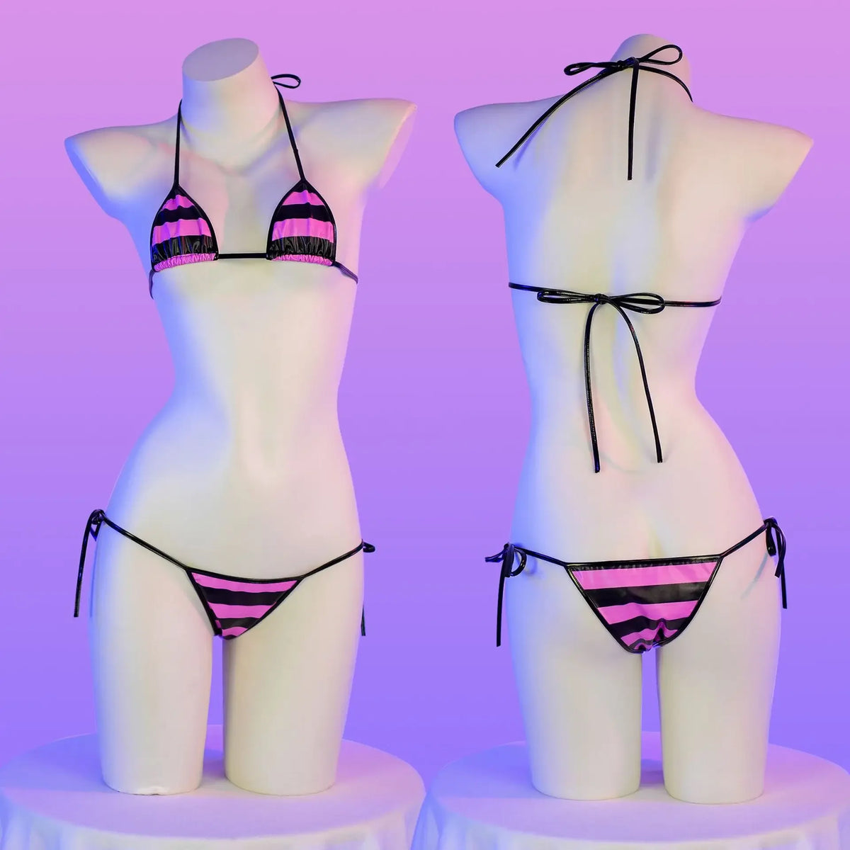 Summer Swimwear Japanese Kawaii PU Leather Micro Bikini Set Women Swimsuit Stripes Bra Set Sexy Lingerie Underwear Costume