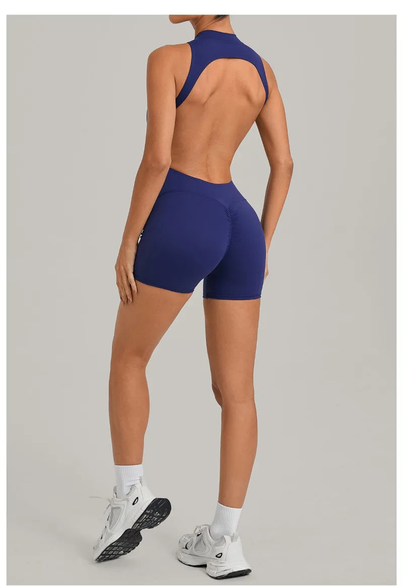 Women's Seamless Yoga Jumpsuits Sports Running Fitness Backless Sleeveless Hip-lifting One-piece Workout Gym Shorts Bodysuits
