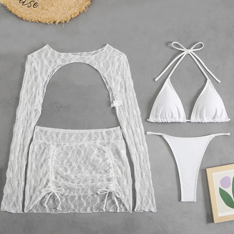 Toucheart Sexy Lingerie Suit for Women Mesh Four-piece Beach Swimsuit Sexy Bikini Solid Color Long Sleeves Mesh See-through Set
