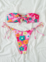 Sexy Bandeau Bikini 2025 Women Pink Floral Print Ring Circle Push Up Micro Swimsuit Off Shoulder Bathing Suit Thong Swimwear