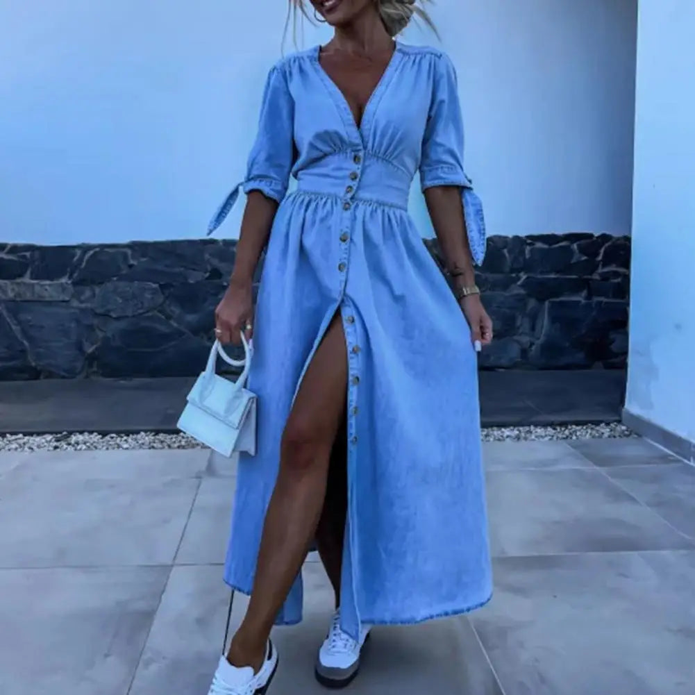 Women's Denim Long Dress Short Sleeve V-Neck Button Down Maxi Dress Casual Jean Dress for Spring Summer