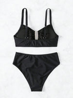 Solid Color High Waist Two Piece Swimsuit for Women U-neck Suspender Backless Bikini Set Beach Vacation Bathing Suit 2025 New