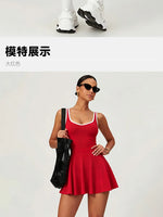 Naked Breathable Tennis Dresses with Built-in Pocket Shorts Women Color Contrast Hollow Out Backless Sports Golf Pleate Dress