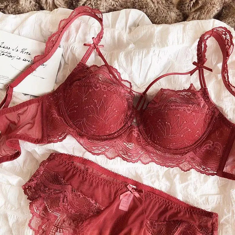 MOYISU Sexy French Lace Bralette Small Bust Cup Bra Set with Removable Straps & Push Up Pads, Soft Underwire Thin Girls Bra Top