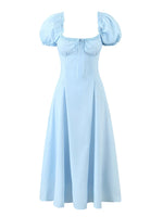 Bowknot Ruffles Light Blue Midi Dress Women's Summer Off Shoulder Short Sleeve Beach Dress Drawstring White A-line Vestidos 2025
