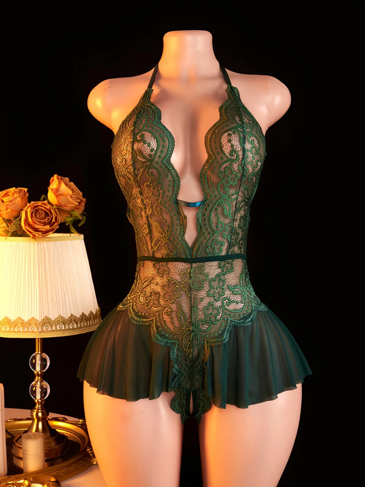 Women's Lace Bodysuit Halter Neck Deep V Backless Floral Sheer One Piece Lingerie with Ruffle Skirt for Nightwear