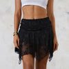 Womens Solid Color Summer Short Skirts Floral Lace Sheer Asymmetric Frill Hem Soft Lined Waist Ruched Mini Low Rise Skirts