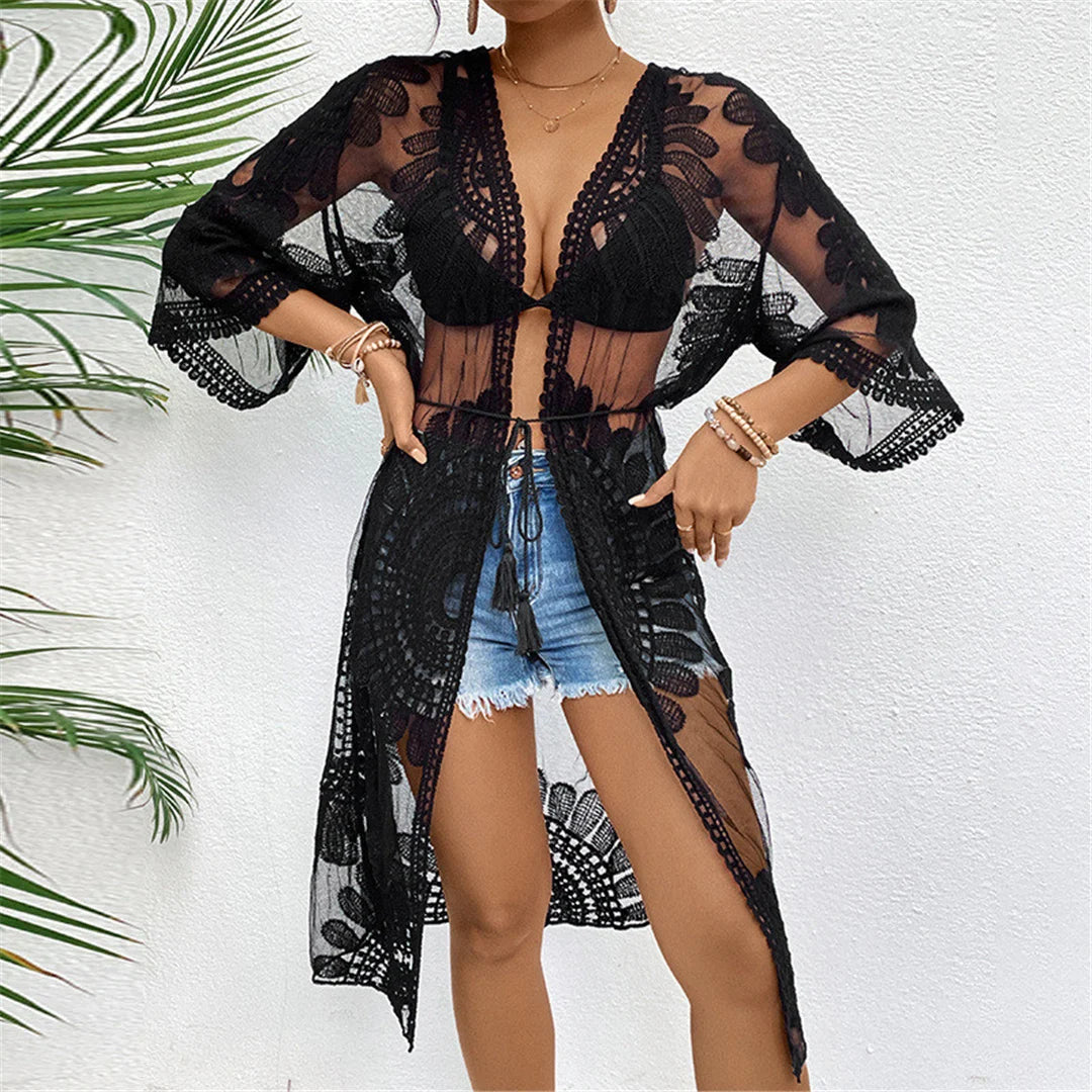 Sexy Embroidery Half Sleeve Chiffon Cardigan Tunic Beach Cover Up Cover-ups Beach Dress Beach Wear Beachwear Female Women V5510