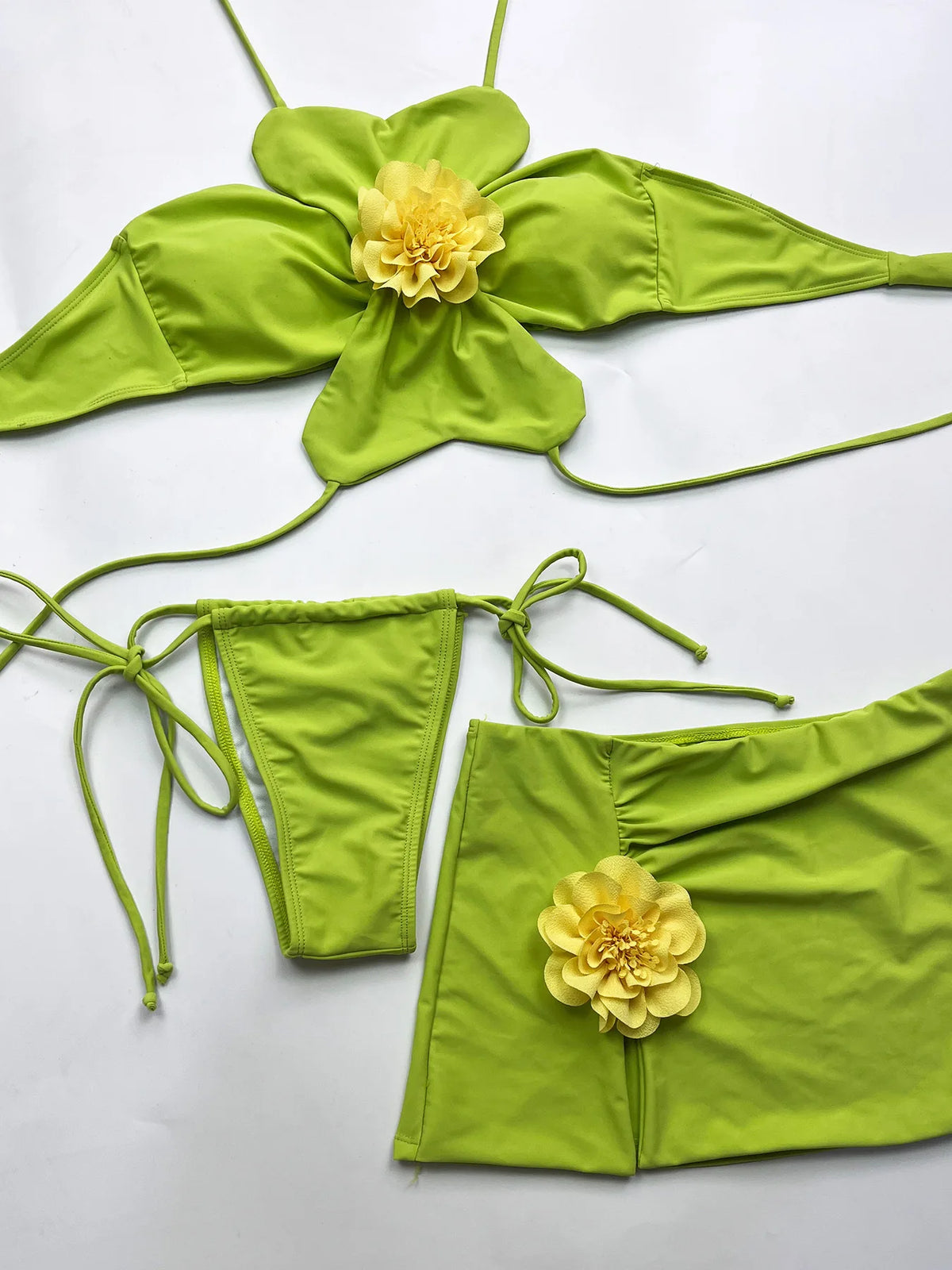 DEKA Women Sexy Green 3D Floral Bikinis Set Halter Push Up Pleate Skirt 3 Piece Swimsuit Beach Bathing Suit Thong Swimwear