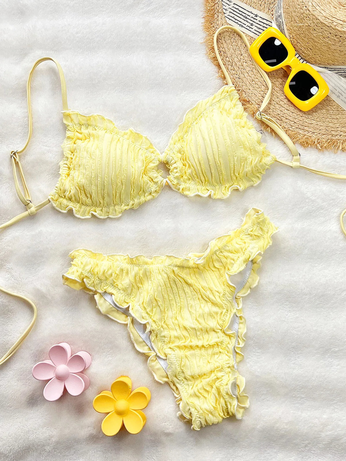 Summer Ruffles High Waist Bikini Set 2026 Women Hollow Out Circle Push Up Bra Two Piece Swimsuit Beach Bathing Suit Swimwear