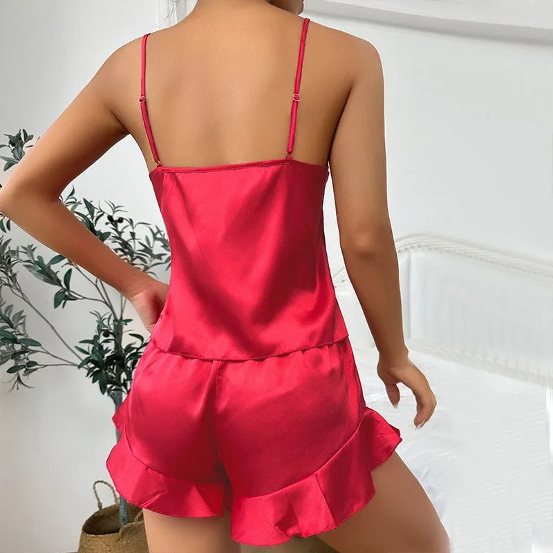 Ice silk pajamas, women's camisole shorts, three piece nightgown set, comfortable for all seasons, can be worn as outerwear