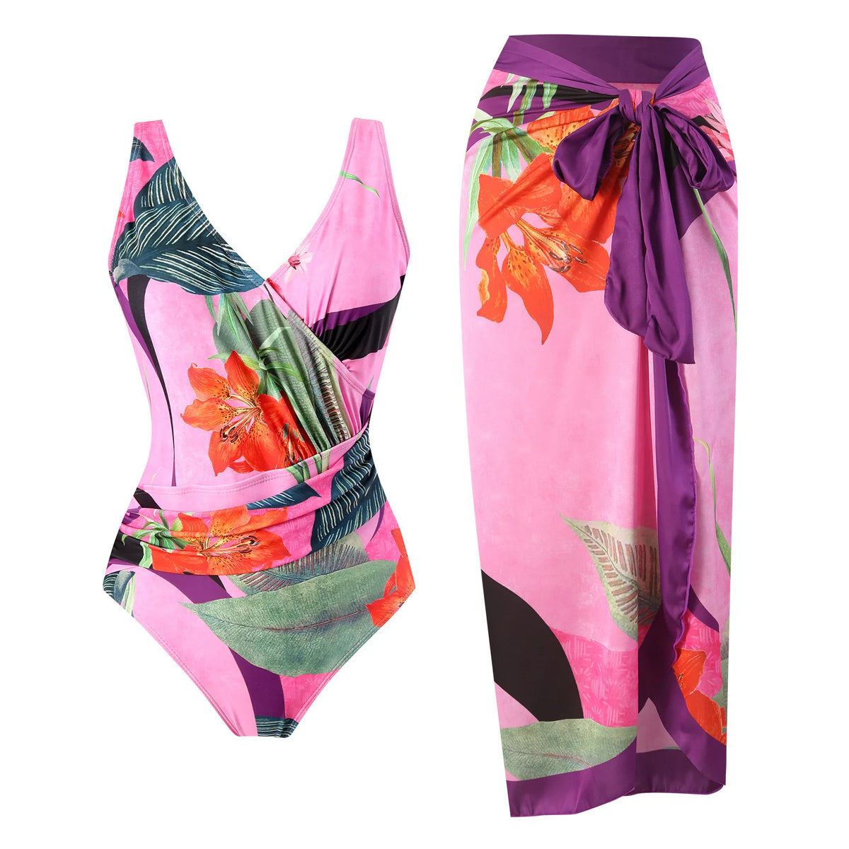 2 Pieces Retro Printed Swimsuit With Cover Up Sexy Women Swimwear 2025 V Neck Bikinis Female Biquini 3XL Bodysuit Beachwear