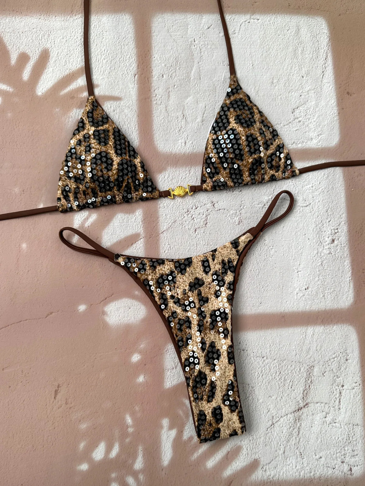 Shiny Sequin Coffee Leopard Print Bikini Set Women Halter Push Up Bra Triangle Swimsuit 2026 Beach Bathing Suit Holiday Swimwear