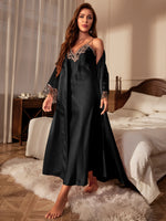 Contrast Lace Pajama Set Long Sleeve Robe With BeltV Neck Slip Dress Women's SleepwearLoungewear