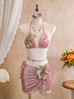 Sexy Beige 3D Flowers Embroidered Bikini Set 2026 Women Drawstring Cover Up 3 Piece Swimsuit Beach Bathing Suit Holiday Swimwear
