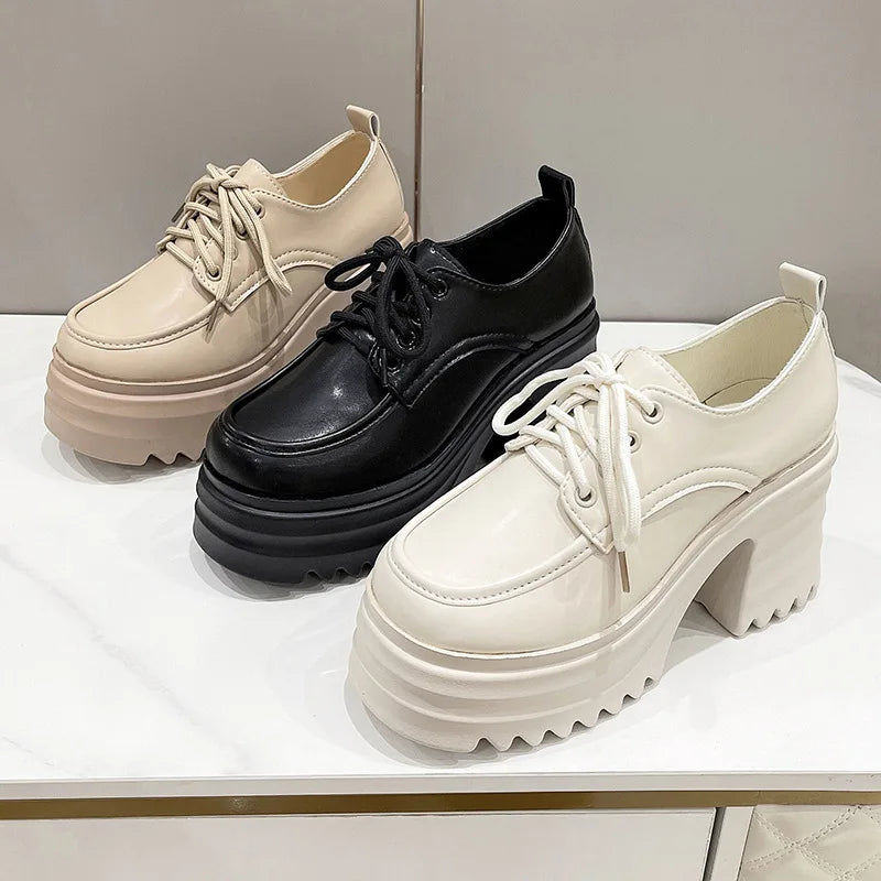 Spring Women Pumps Black Loafers Chunky 10CM High Heels High Platform British Autumn Ladies Thick Bottoms Shoes 2026 New