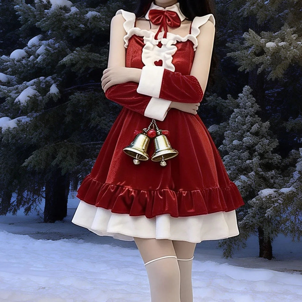 Cute Bunny Santa Christmas Costume Velvet Ruffle Mini Dress Rabbit Headband Bow Tie Xmas Holiday Cosplay Fancy Outfit For Ladies