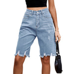Women’s Ripped Bermuda Denim Shorts Solid Color Casual High Waist Raw Hem Knee Length Jean Shorts Streetwear