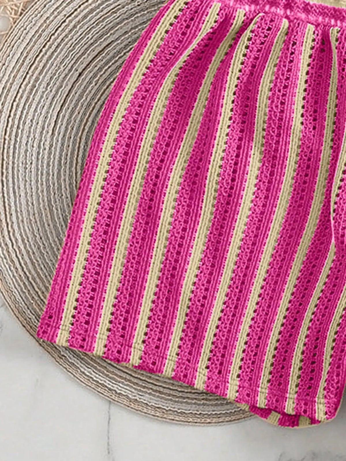 New Retro 3 Pieces Knitted Mesh String Bikini Set Swimsuit Women Blue Striped Swimwear with Shorts Beach Wear Boho Bathing Suit