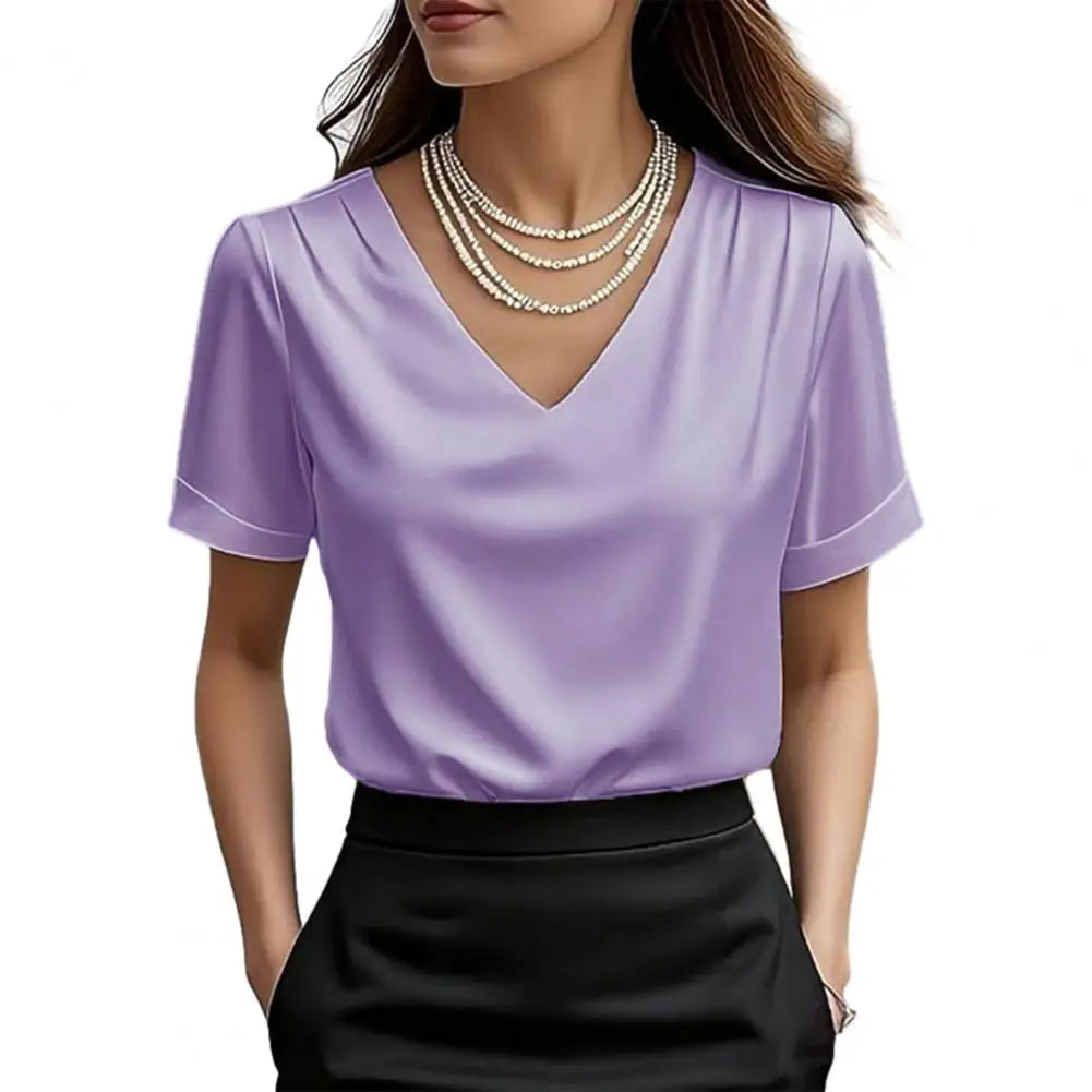 Women T-shirt Solid Color Loose Fit Smooth Satin V-Neck Short Sleeve Tops Ladies Summer Casual Tee Shirt Daily Wear
