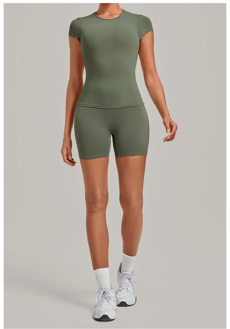 Women's Seamless Yoga Sets Sports Fitness Workout Hip-lifting High Waist Shorts Backless Short-sleeve Vest Suit Gym Training Set