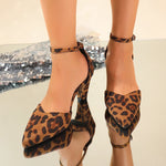 Fashion Leopard Print High Heels Sandals Women 2026 Plus Size 42 Ankle Buckle Pumps Woman Sexy Pointed Toe Party Shoes Ladies