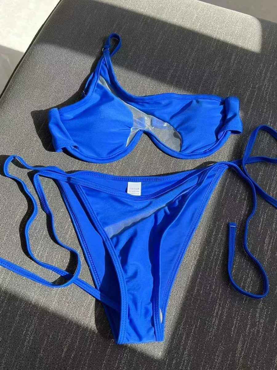 Splicing Mesh Underwire V-bar One Shoulder Bikini Women Swimsuit Female Swimwear Two Pieces Bikini Set Push Up Bathing Suit Swim