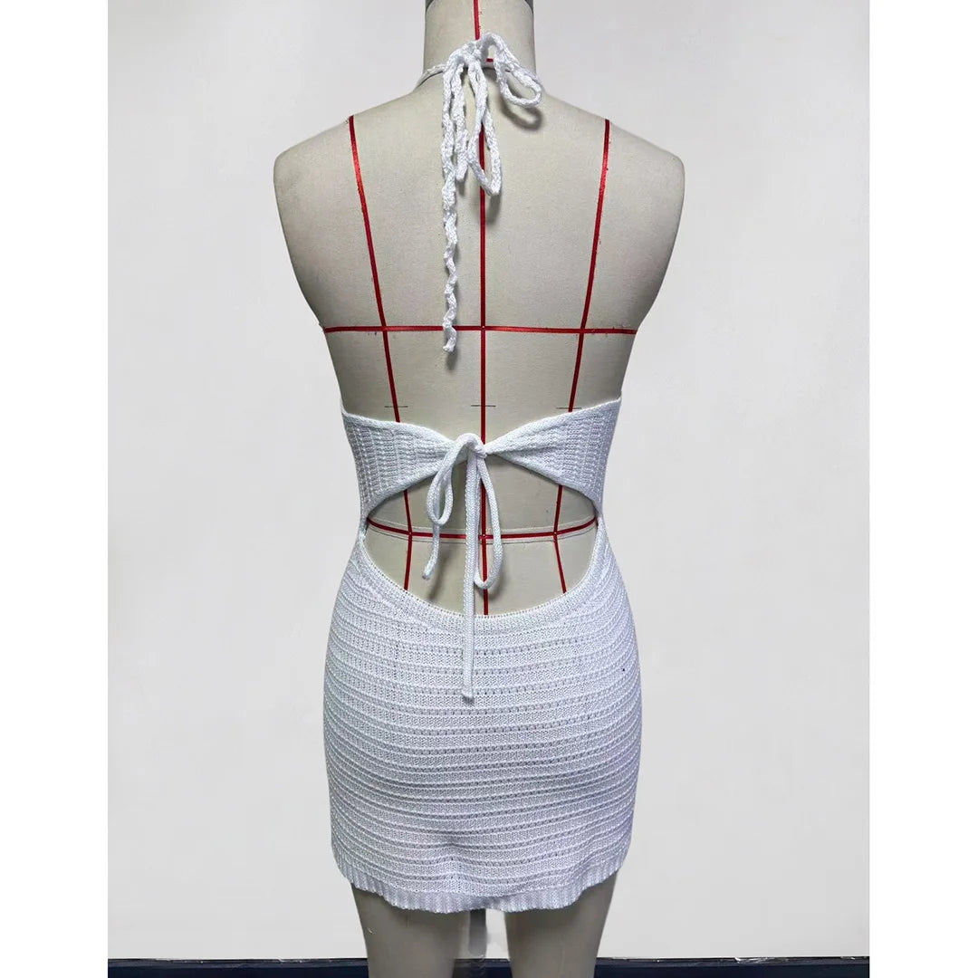 Hollow Out Halter Backless Crochet Knitted Tunic Beach Cover Up Cover-ups Beach Dress Beach Wear Beachwear Female Women K7022
