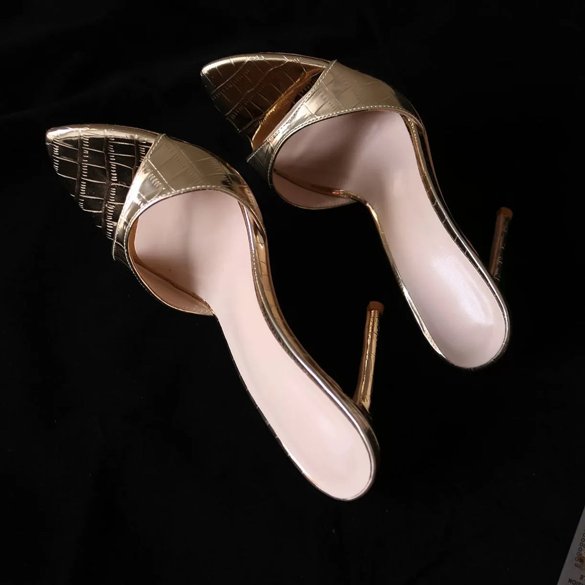 Women's Gold Crocodile Embossed Metallic Stiletto Mules - Open Toe High Heel Sandals for Party, Summer & Evening