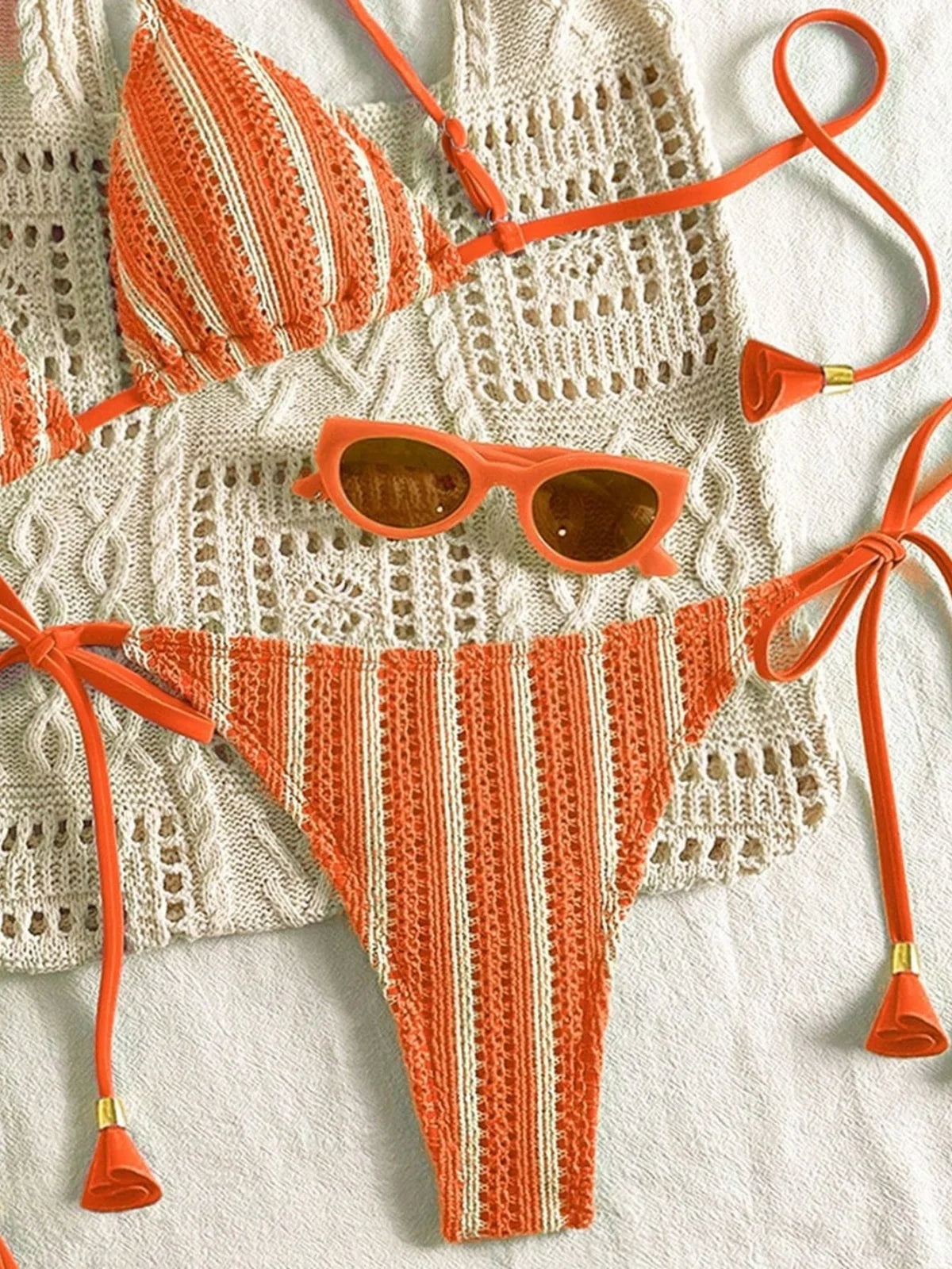 Sexy Orange Striped Bikini Set 2026 Women Halter Push Up Bra Tassel Bandage Thong Swimsuit Summer Holiday Bathing Suit Swimwear