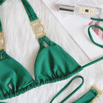 DEKA Solid Green Rhinestones Bikini Set Women Push Up Glitter Diamond Swimsuit Chain Metal Bathing Suit Luxury Thong Swimwear