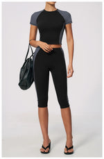 Color Blocking 2PCS Yoga Set Women's Tracksuit Short Sleeve O Neck Sports T Shirts High Waist Cropped Pants Tight Fitness Suits